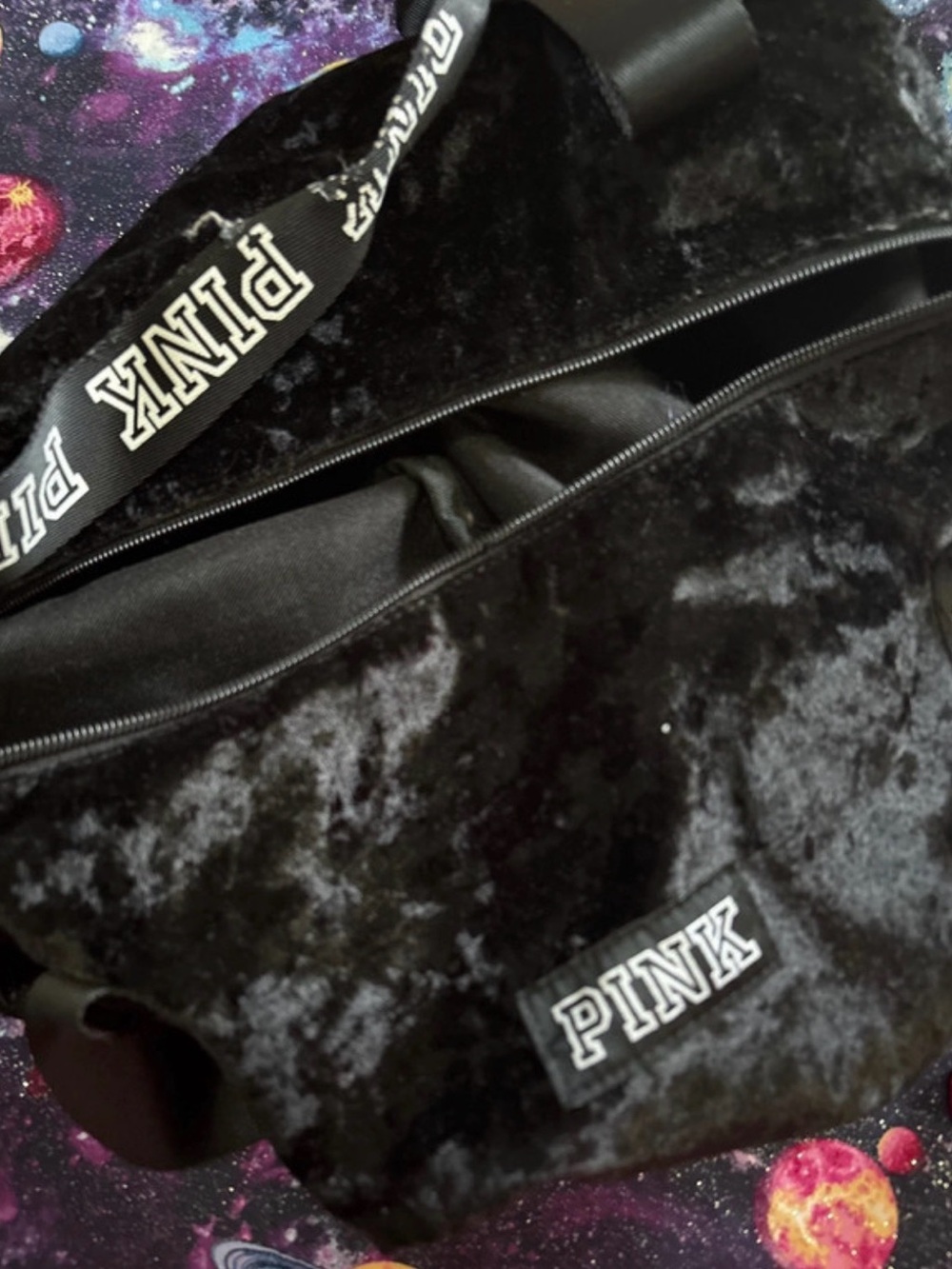 PINK Victoria's Secret Black Velvet Crossbody with Logo Strap